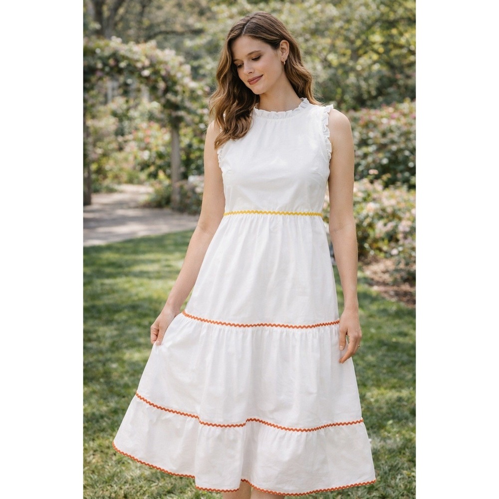 NWT‎ J.Crew Tiered Multicolor Trim Tiered Midi Dress White Cotton Size 2
